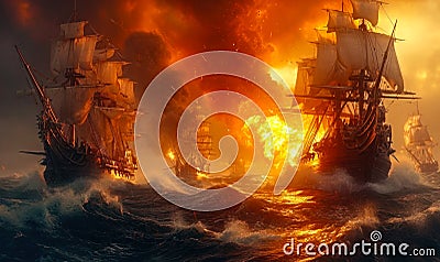 Dramatic maritime scene of tall ships engaged in a fierce battle on the high seas, with fiery explosions and turbulent ocean waves Stock Photo