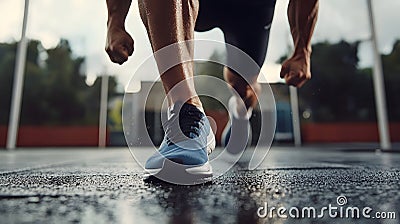 Generative AI Dynamic athlete sprinting start on wet track emphasizing speed and determination business concept. Stock Photo