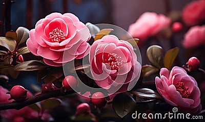 Elegant Pink Camellias Blooming in Dark Mystical Garden, Vivid Floral Display on Moody Background, Romantic Blossom Beauty Stock Photo