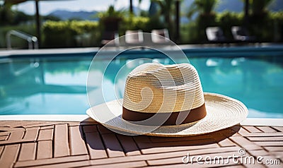 Elegant straw fedora hat resting on a poolside under the tranquil summer sun, symbolizing leisure, vacation, and the serene joy of Stock Photo