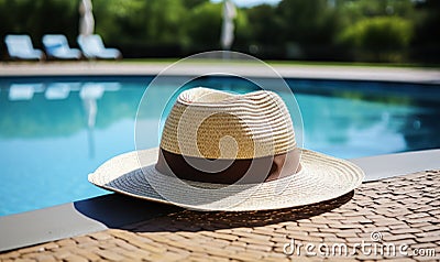 Elegant straw fedora hat resting on a poolside under the tranquil summer sun, symbolizing leisure, vacation, and the serene joy of Stock Photo