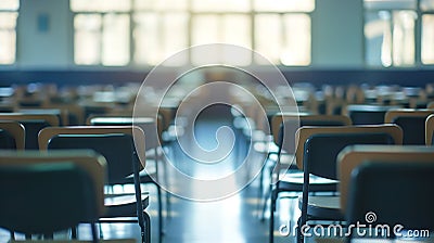 Generative AI Empty defocused university classroom. Blurred school classroom without students with empty chairs an Stock Photo