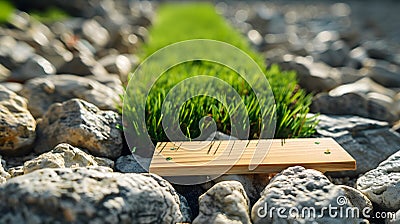 Generative AI empty homemade wooden pointer towards the establishment of an artificial grass among the rocks busin Stock Photo