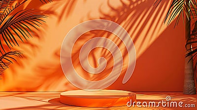 Generative AI Empty square podium with tropical palm tree shadow background Orange thanksgiving minimal flat lay f Stock Photo