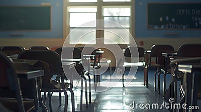 Generative AI Example of an empty nondescript US High School Classroom with desks business concept. Stock Photo