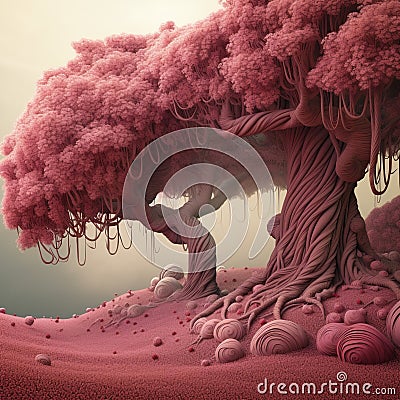 Generative AI: fantasy tree and with gardens and path Cartoon Illustration