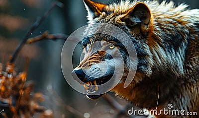 Ferocious Grey Wolf Snarling Aggressively in the Forest, Showcasing Wild Predatory Instincts and the Intense Survival Essence of Stock Photo