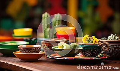 Festive Mexican culinary setup with vibrant ceramic dishes, traditional decorations, cactus, and bright colors celebrating Stock Photo