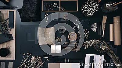 Generative AI Flat lay composition of creative black architect moodboard with samples of building textile and natu Stock Photo