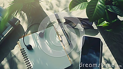 Generative AI Flat lay photography with smart phone earphone notebook and pen camera sunglasses and garden tree bu Stock Photo