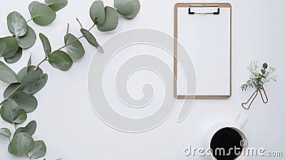Generative AI Flay lay Top view office table desk Feminine desk workspace frame with green leaves eucalyptus clipb Stock Photo