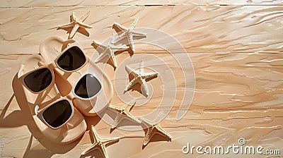 Generative AI Flipflops with sunglasses and starfish on beige wooden background business concept. Stock Photo