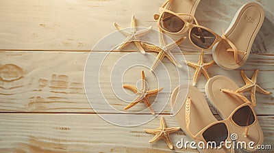 Generative AI Flipflops with sunglasses and starfish on beige wooden background business concept. Stock Photo