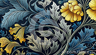 Generative AI, Floral yellow, blue, green colors pattern. William Morris inspired natural plants and flowers background, vintage Cartoon Illustration