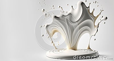 Generative AI, Flowing liquid with splashes in white color. Glossy cream milk fluid banner, 3D effect, modern macro photorealistic Cartoon Illustration