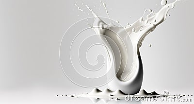 Generative AI, Flowing liquid with splashes in white color. Glossy cream milk fluid banner, 3D effect, modern macro photorealistic Cartoon Illustration