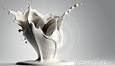 Generative AI, Flowing liquid with splashes in white color. Glossy cream milk fluid banner, 3D effect, modern macro photorealistic Cartoon Illustration