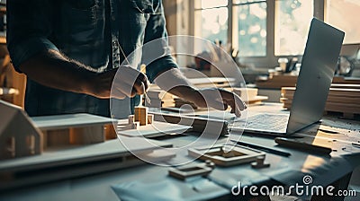 Generative AI A Focused Carpenter Develops Layouts from Wood Models 3D Sketches Using a Laptop in a Home Workshop Stock Photo