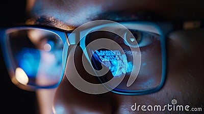 Generative AI Focused developer coder wears glasses working on computer looking at programming code data cyber sec Stock Photo