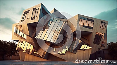 Generative AI, Fragmented Illusion: A Deconstructivist Building Design Stock Photo