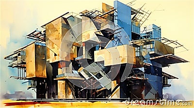 Generative AI, Fragmented Illusion: A Deconstructivist Building Design Stock Photo