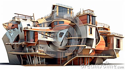 Generative AI, Fragmented Illusion: A Deconstructivist Building Design Stock Photo