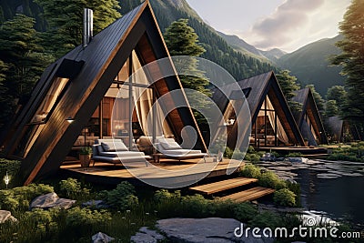 Generative AI Frame wooden triangular houses with panoramic windows. Camping in summer mountains. The concept of outdoor Stock Photo