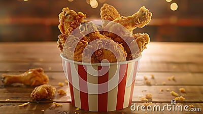 Generative AI Fried Chicken wings and legs Bucket full of crispy kentucky fried chicken on brown background busine Stock Photo