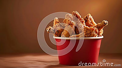 Generative AI Fried Chicken wings and legs Bucket full of crispy kentucky fried chicken on brown background busine Stock Photo