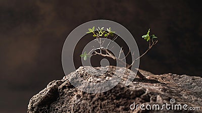 Generative AI Front view of rock dry twig small green tree and sand desert on dark brown Empty rock as platform fo Stock Photo