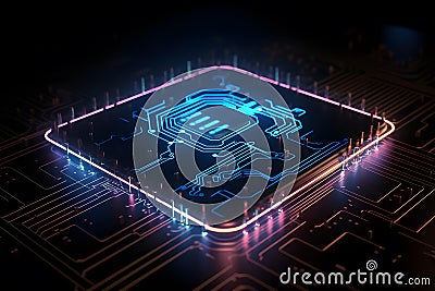 Generative AI. Futuristic Neon Microchip Circuit Board 3D Rendering Stock Photo