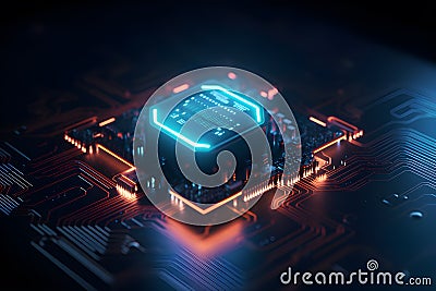 Generative AI. Futuristic Neon Microchip Circuit Board 3D Rendering Stock Photo