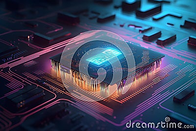 Generative AI. Futuristic Neon Microchip Circuit Board 3D Rendering Stock Photo