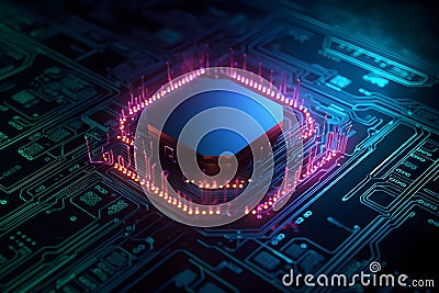 Generative AI. Futuristic Neon Microchip Circuit Board 3D Rendering Stock Photo