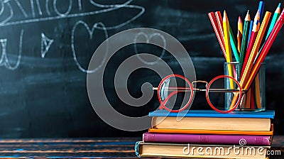 Generative AI Glasses teacher books and a stand with pencils on the table, on the background of a blackboard with Stock Photo