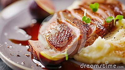 Generative AI Glazed duck fillet, mashed potatoes seasoned with truffle oil, fig and aniseed sauce business concep Stock Photo