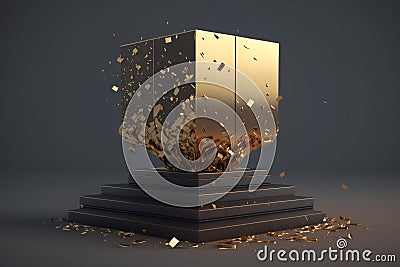 Generative AI of a golden pedestal with a lot of golden pieces Stock Photo