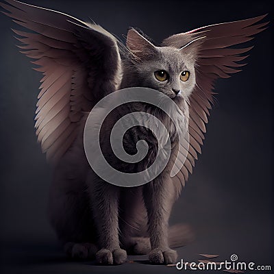 Generative AI: gray fantasy cat with feathery wings Stock Photo