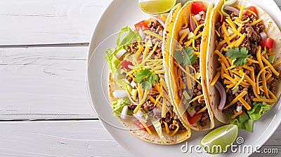 Generative AI Ground Beef Tacos with shredded cheddar cheese fresh lettuce tomato onion on a white plate with lime Stock Photo