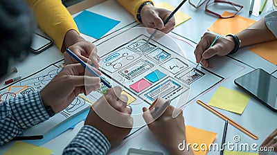 Generative AI Group of designers draw a ux website to develop a mobile application at meeting business concept. Stock Photo