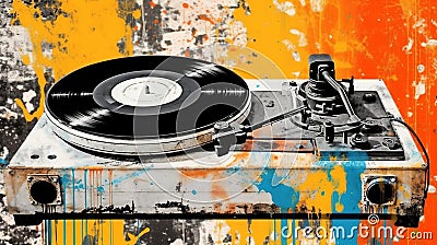 Generative AI, Grunge vinyl recorder, vintage turntable player, pop art graffiti Stock Photo
