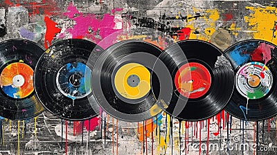 Generative AI, Grunge Vinyl Records, pop art graffiti, vibrant color. Ink melted paint street art on age Stock Photo