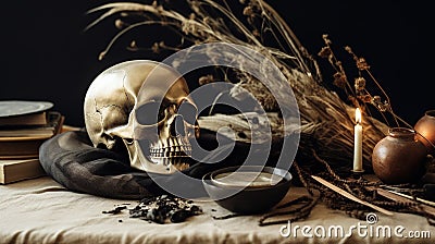 Generative AI, Halloween background with skull, flowers and feathers in boho style, muted neutral colors Stock Photo