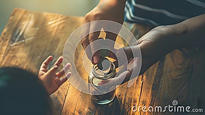 Generative AI Hands Of Father Giving Jar Of Coins To Child On Wooden Table Background - Inheritance / Parent Provi Stock Photo