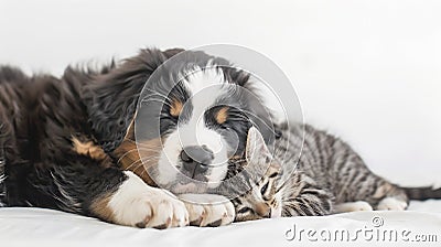 Generative AI Happy pets Adorable Bernese Mountain Dog puppy and gray tabby cat on white background Banner design Stock Photo