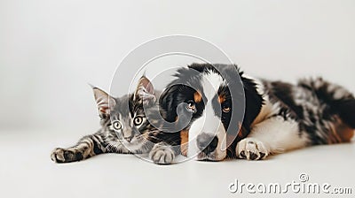 Generative AI Happy pets Adorable Bernese Mountain Dog puppy and gray tabby cat on white background Banner design Stock Photo