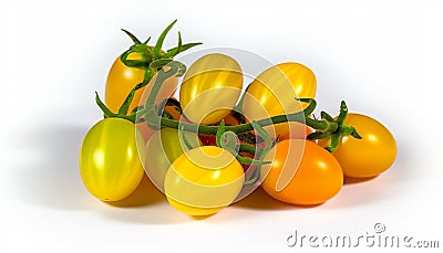 Generative AI Healthy little small cherry tomatoes on one stem in black container isolated over yellow background Stock Photo