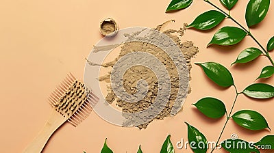 Generative AI Henna powder green leaves and comb on beige background flat lay Natural hair coloring business conce Stock Photo