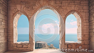 Generative AI, historic medieval stone arch windows with romantic view of sea or ocean Stock Photo
