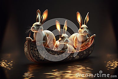 AI generated 3 horoscope rabbits sailing on a canoe concept for Happy Chinese new year 2023 the year of the water rabbit in Stock Photo